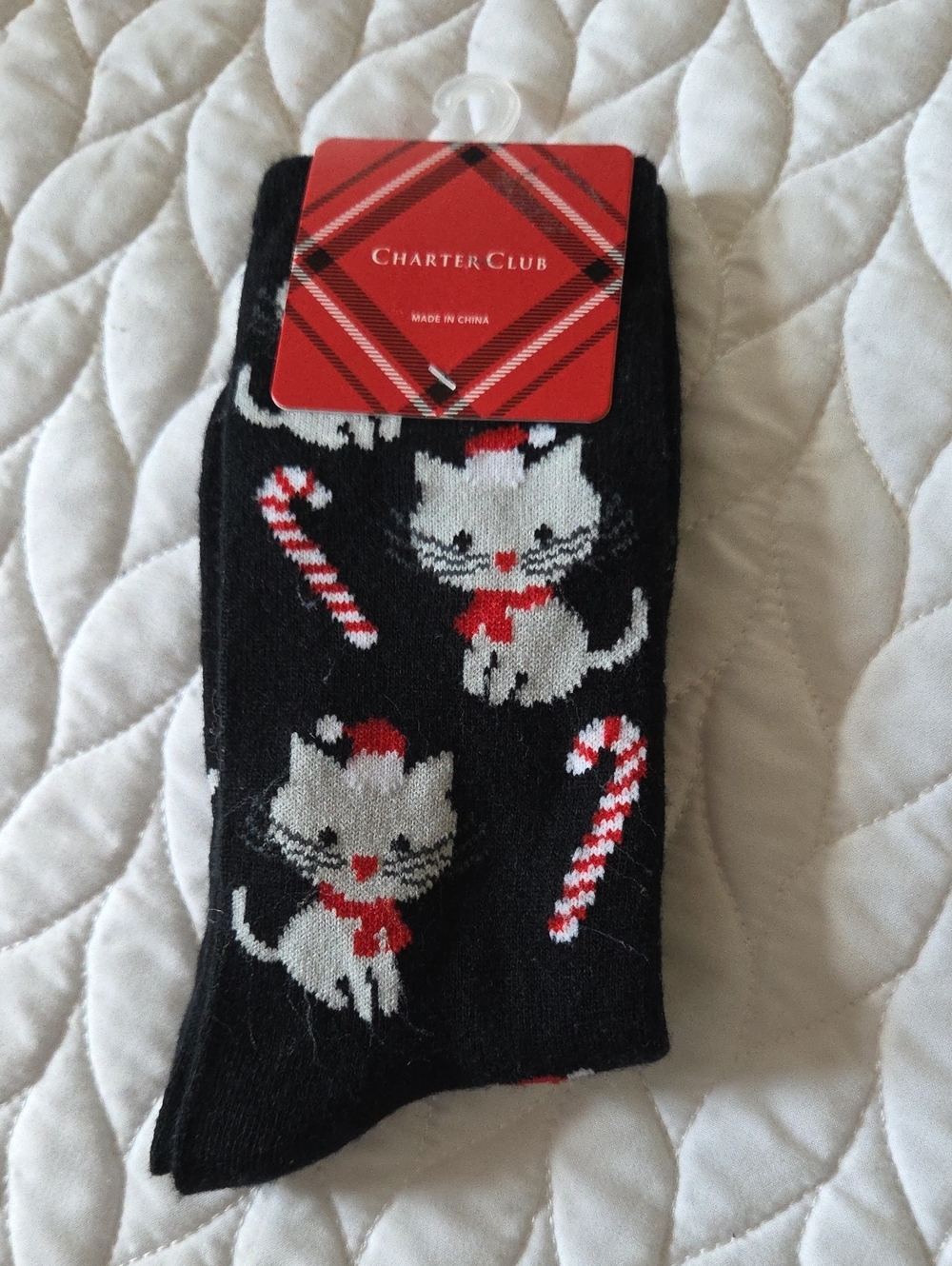 NWT Charter Club Black Socks with White Cat and Red Candy Cane Motif
